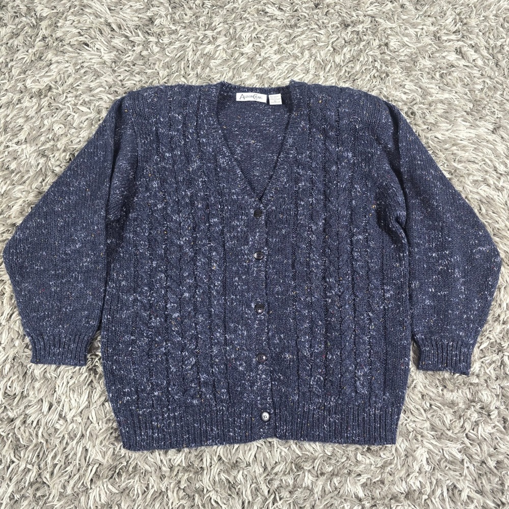 Alison Craig Navy Blue Marled Cable Knit Button Front Cardigan Sweater XL Vtg